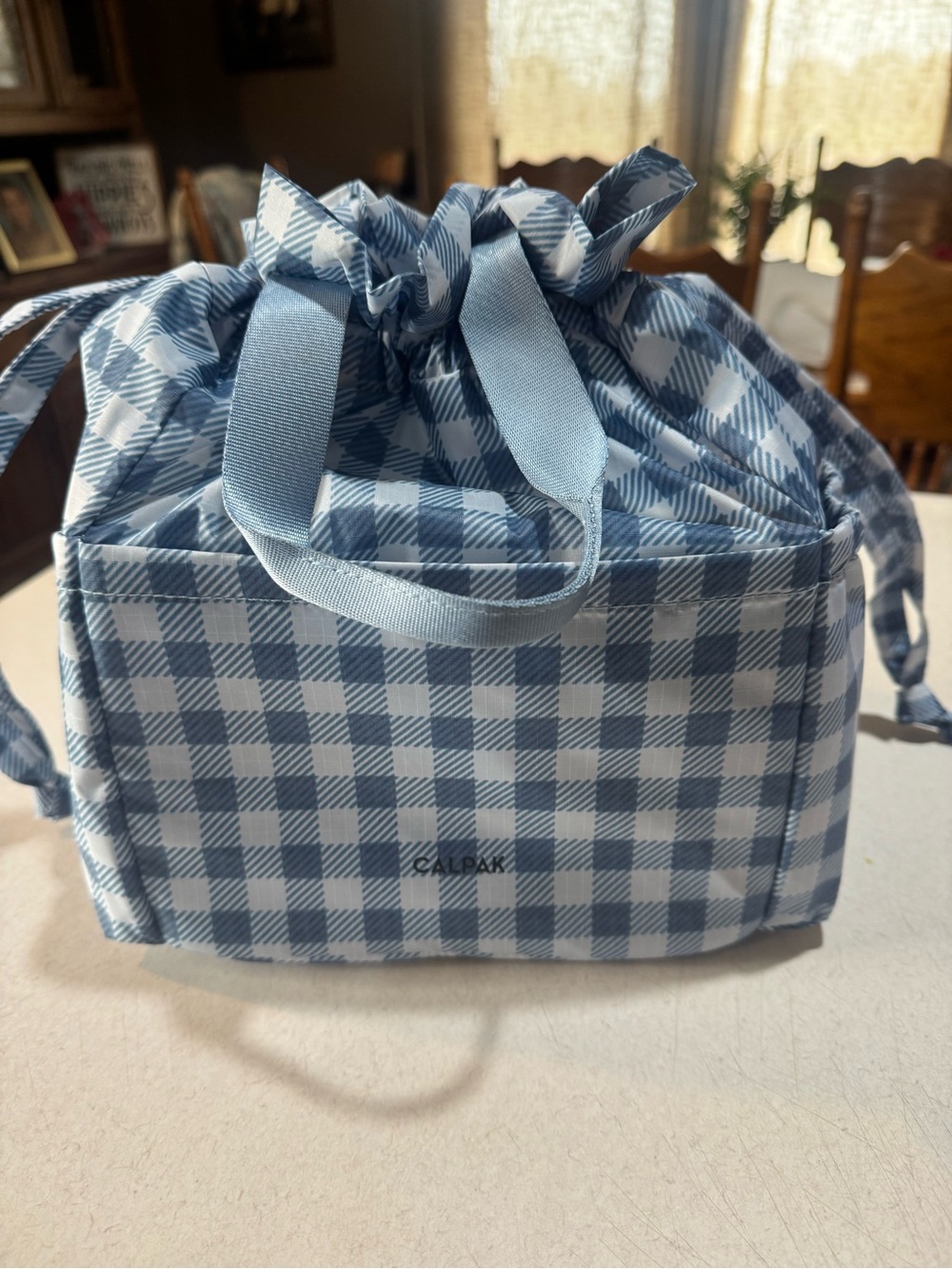 Calpak Blue Gingham Drawstring lunch Tote Bag